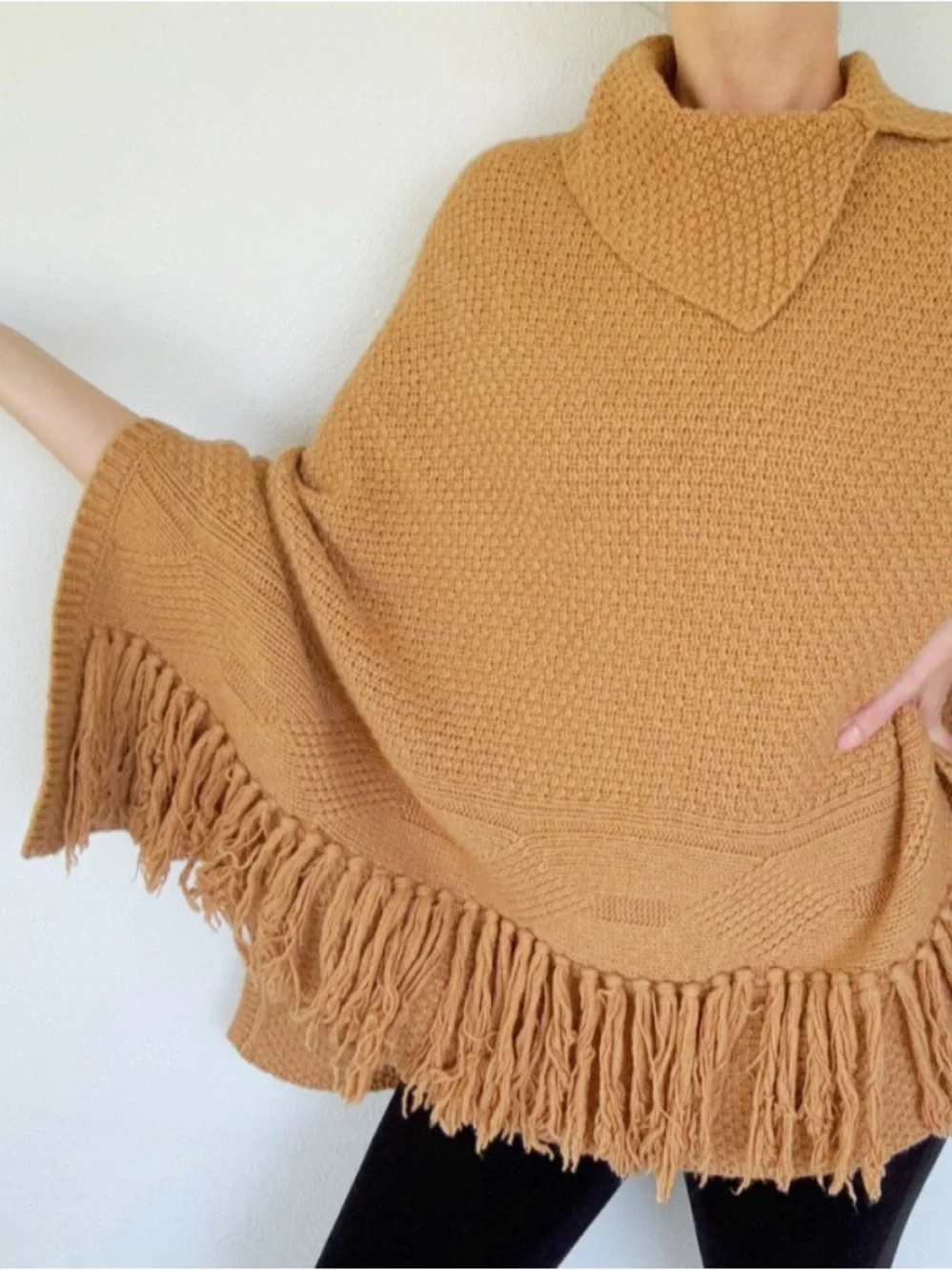 Coldwater Creek brown wool blend tassel fringe poncho sweater one size
